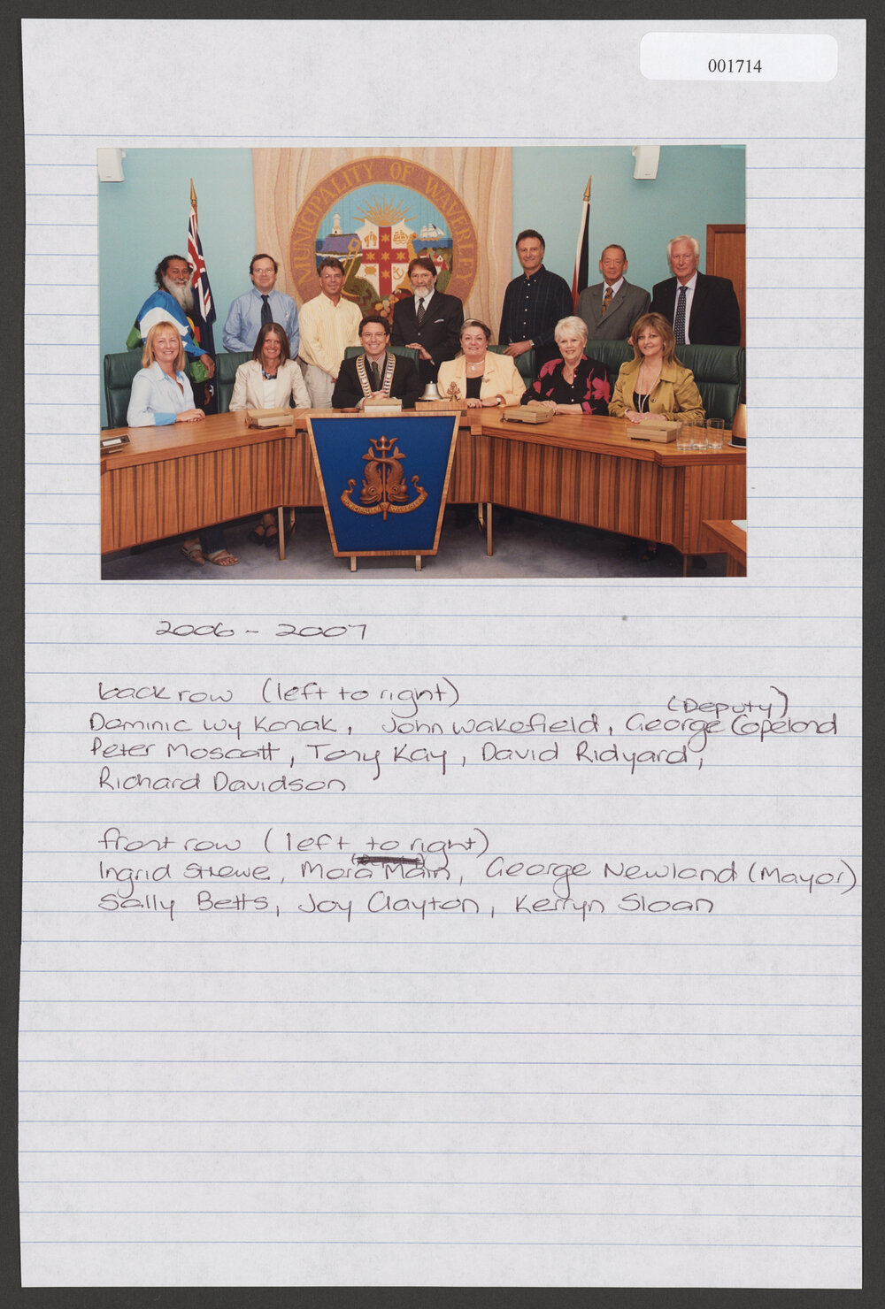 Back Row Left to Right, John Wakefield, Mora Main (Mayor), George Copeland, Peter Moscatt, Tony Kay, David Ridyard, Front Row left to right, George Newhouse (Deputy), Dominic Wy Konak, Ingrid Strewe (Mayor), Sally Betts, Joy Clayton, Kerryn Sloan. Note; M
