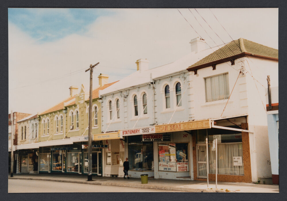 Charing Cross, buildings and shopfronts. Numbered right to left. 245 - 263 Bronte Road, Charing Cross, Waverley. Head's building dated 1887. 6th March 1988