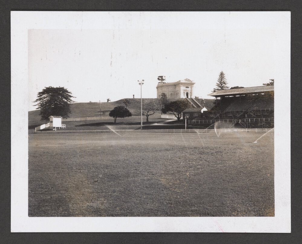 Waverley Park, Oval and Pavillion, with the reservoir in the background, and telecom's Waverley radio/microwave tower.
