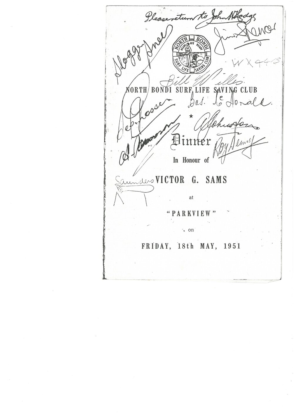 NBSLSC Dinner Victor G. Sams Signed Photocopy 18 May 1951 Title Page