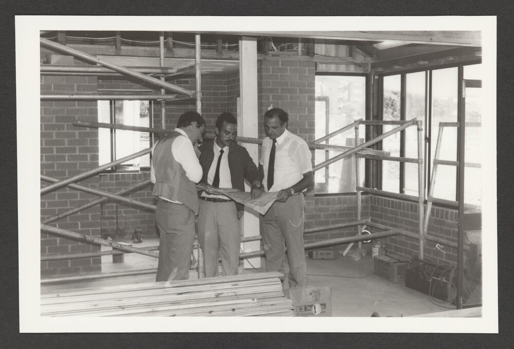 Left - Right Bob Ball, Dan Joannides and Alderman Ray Collins,  Completed building.