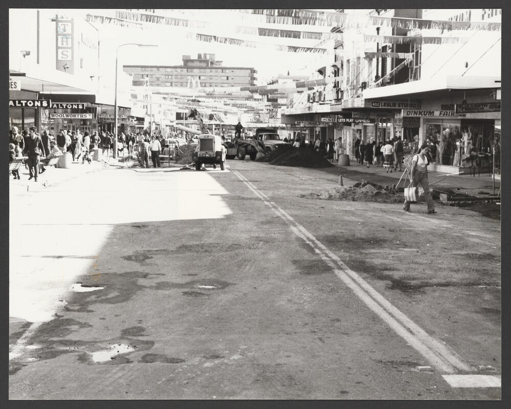 Oxford Street being converted to pedestrain Mall, between Bronte Road and Newland St looking west towards Newland St, Bondi Junction.