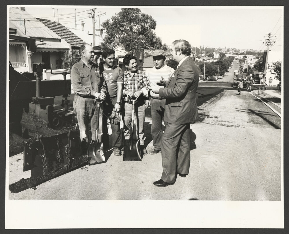Denison Street, Waverley. Mayor of Waverley Alderman James Markham (right) with Council workmen.