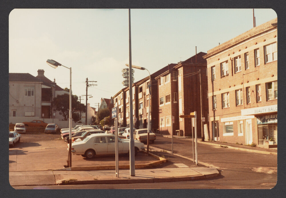 Pine Avenue, Bondi Junction. Corner Oxford Street. Telecom's Wav. Radio tower in background.