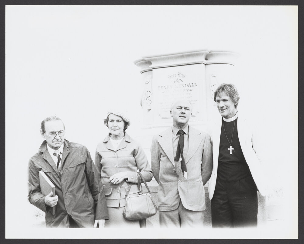 Grave of Henry Kendall, Australian Poet - 100th Anniversary of his death. Left to right: Peter Daly, Waverley Historial Society; Unidentified woman; Ron Lander, Waverley Chief Librarian; Rev. Terry Dicks, St Mary's C. of E. Waverley.