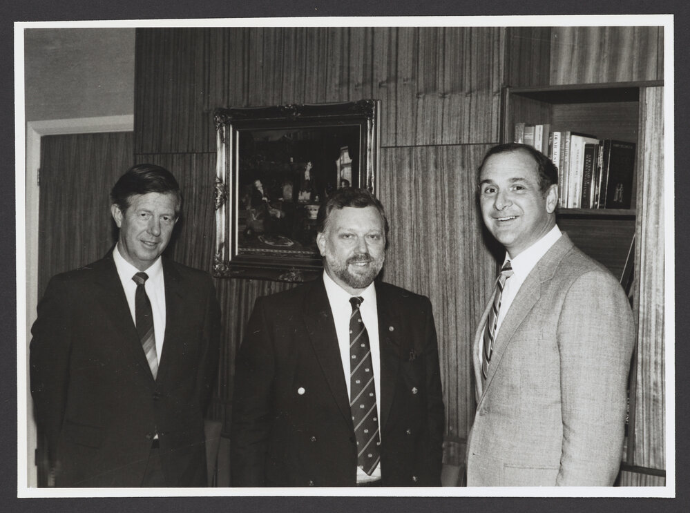 Left to right; Alderman John Morrisson, Paul Scully Power ( Astronaut of "Challenger" Space Shuttle) and Alderman Ray Collins(Mayor of Waverley) at Waverley council chambers.
