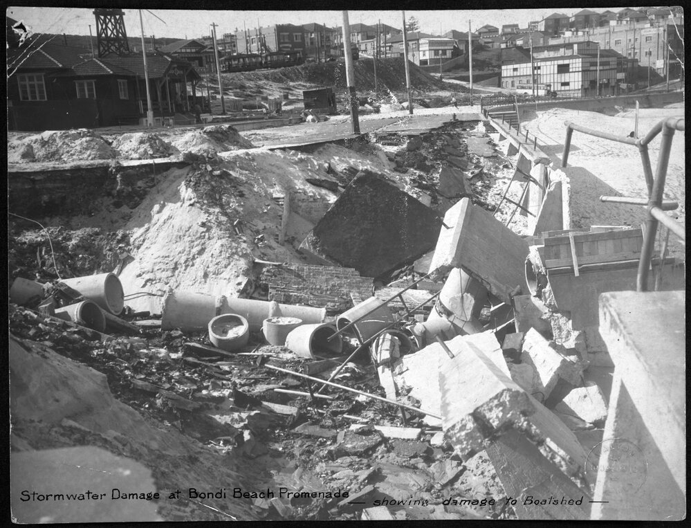 Stormwater Damage at Bondi Beach Promenade - Showing Damage to Boatshed