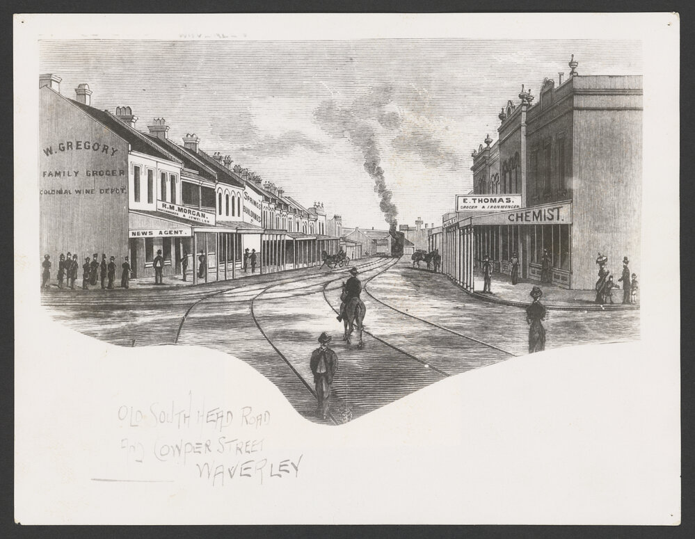 Bondi Junction, Oxford Street at intersection of Bronte Road left and Grosvenor Street right with Steam tram.