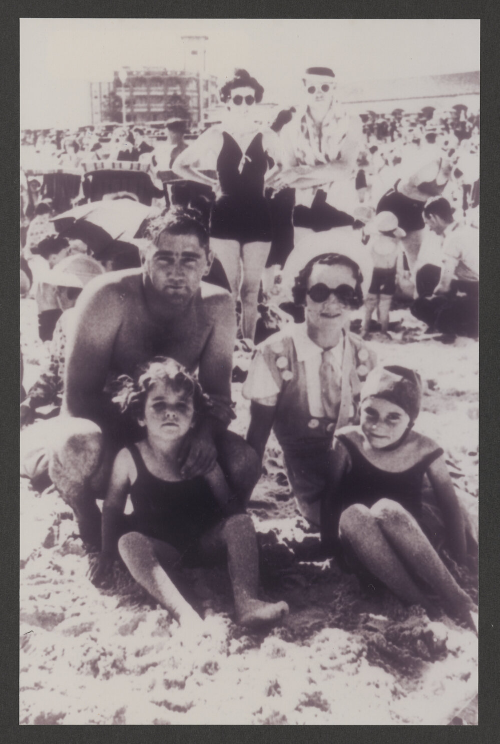 Bondi beach, Moseatt family, Norah is dressed in pink and white. Keith and Norah, Joan &amp; Lee