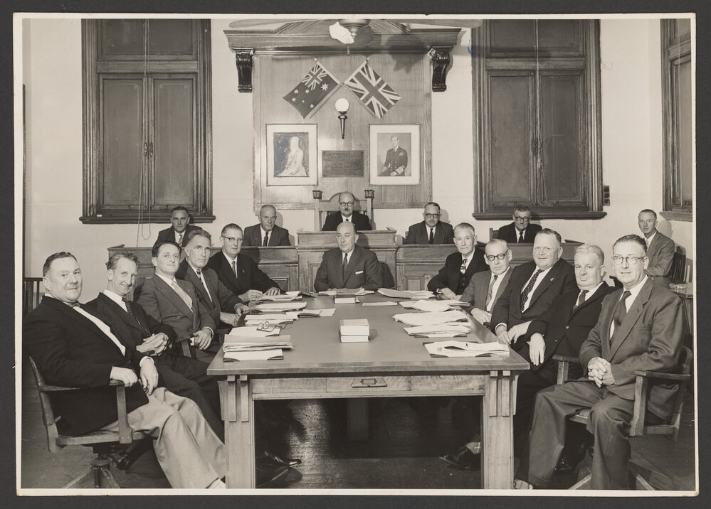 Left to right; Ald. W. W. Anderton, Ald. J. J. Brown, Ald. A. J. Elboz, Ald. C. A. Jeppesen, Ald. D. T. Sutherland, Ald. R. M. O' Keefe - Deputy Mayor, Ald. A. C. Heard, Ald. J. Cole, Ald. K. W. Anderson, Ald. J. H. McLean, Ald. C. R. Howarth. On Dias : L