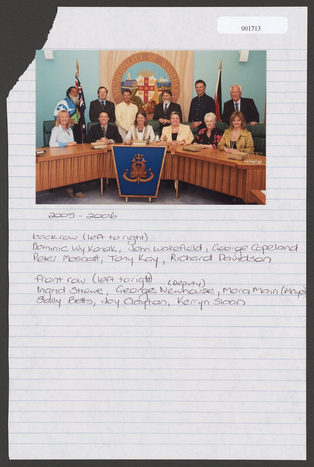 Back Row Left to Right, Dominic Wy Konak, John Wakefield, George Copeland, Peter Moscatt, Tony Kay, Richard Davidson, Front Row left to right, Ingrid Strewe, George Newhouse ( Deputy), Mora Main (Mayor), Sally Betts, Joy Clayton, Kerryn Sloan. Note; Mayor