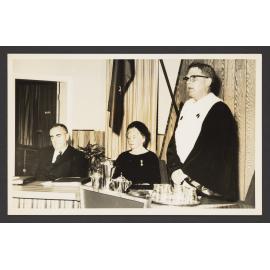 Civic Reception for Matron A.M. Chapman, M.B.E. Upon her retirement as matron of Scarba House. Far left: Mr A.C. Johnson,    Chief Clerk, Matron Chapman, Mayor of Waverley Alderman D. J. Morey
