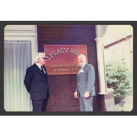 Legacy House, 4 Bon Accord Ave, Bondi Junction. Left to Right: Legatee T. W. Whitton, chairman of Eastern Suburbs Legacy group,    and Legatee Frank Nolan, President of Sydney Legacy, at the opening of this New centre.