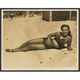 Miss Bondi; Olive Leighton 1945, far right. Bondi beach in bathers