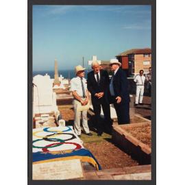 Fanny Durack's grave. Official unveiling of Grave restoration which was organised by Waverley Library. Guest speakers were Ron Lander, Chief Librarian; Alderman Barbara Armitage, Mayor of Waverley; The Hon R. B. Rowland Smith, N.S.W. Minister for Sport an