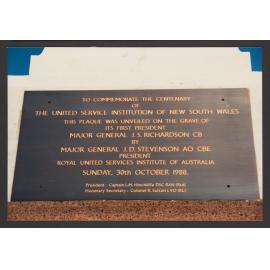 Grave of Major General John Soame Richardson. Commemorating Centenary of the United service institution of N.S.W. Plaque inscription, Waverley Cemetery.