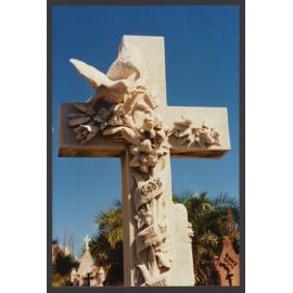 Calvary cross with Dove and flowers, white marble