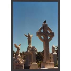 Celtic cross, Indian minor bird, headless statue and rearview of Jesus Christ statue