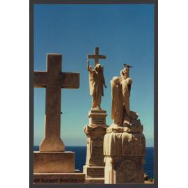 Celtic cross, Indian minor bird, headless statue and rearview of Jesus Christ statue