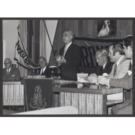 Waverley Council chambers on the occasion of the breaking of the seal on a Jar found under the foundation stone of Bronte S. L.S.C. Left to Right: Mr M. J. Burke, Mr A. C. Johnson, Alderman D. J. Morey - Mayor of Waverley. Sir Adrian Curlewis and Mr Don S