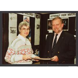 Marion Corry, local History officer and Paul Scully Power, " Challenger" Astronaut at opening of local history exhibition, Waverley Library.
