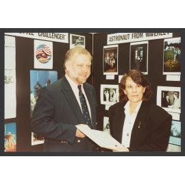 Paul Scully Power, "Challenger" Astronaut at opening of local history exhibition with Alderman Barbara Armitage Mayor of Waverley Library.