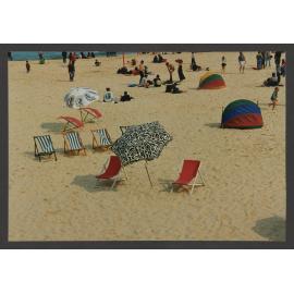 Bondi beach, umbrellas, wigwams and beach chairs.