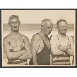 Bathers, winter bathers three men at Bondi beach. Jack Moses, Poet on right, who wrote 'Nine Miles from Gundagai'.