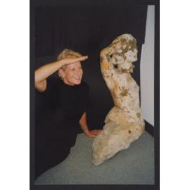 Ben Buckler, mermaid statue housed at Waverley library, with ( right) Mrs Jan Percival (nee carmody) who originally posed for statue.