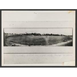 Waverley Park, Oval, with the first pavillion, during a cricket match.