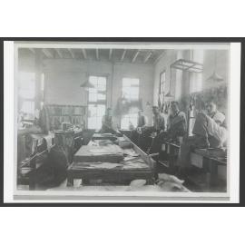 The clicking room in Bardon's Boot Factory, Spring Street, Bondi Junction. L - R, A. Bennett, C. Bennett, Howarth, A. Johnstone, A. White, Fred Walker.