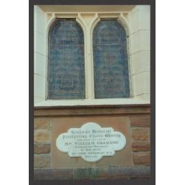 Grahame Memorial church, Victoria Street, Charing Cross - Detail of stained glass windows and plaque.