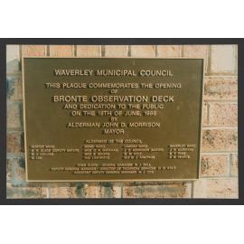 Bronte Park, Plaque commemorating the opening of the Bronte observation deck and amenities block, by Mayor of Waverley, Alderman John D. Morrison